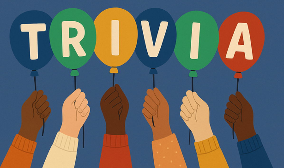 Six hands holding up multiple color balloons that spell out Trivia. Hands represent a mix races.